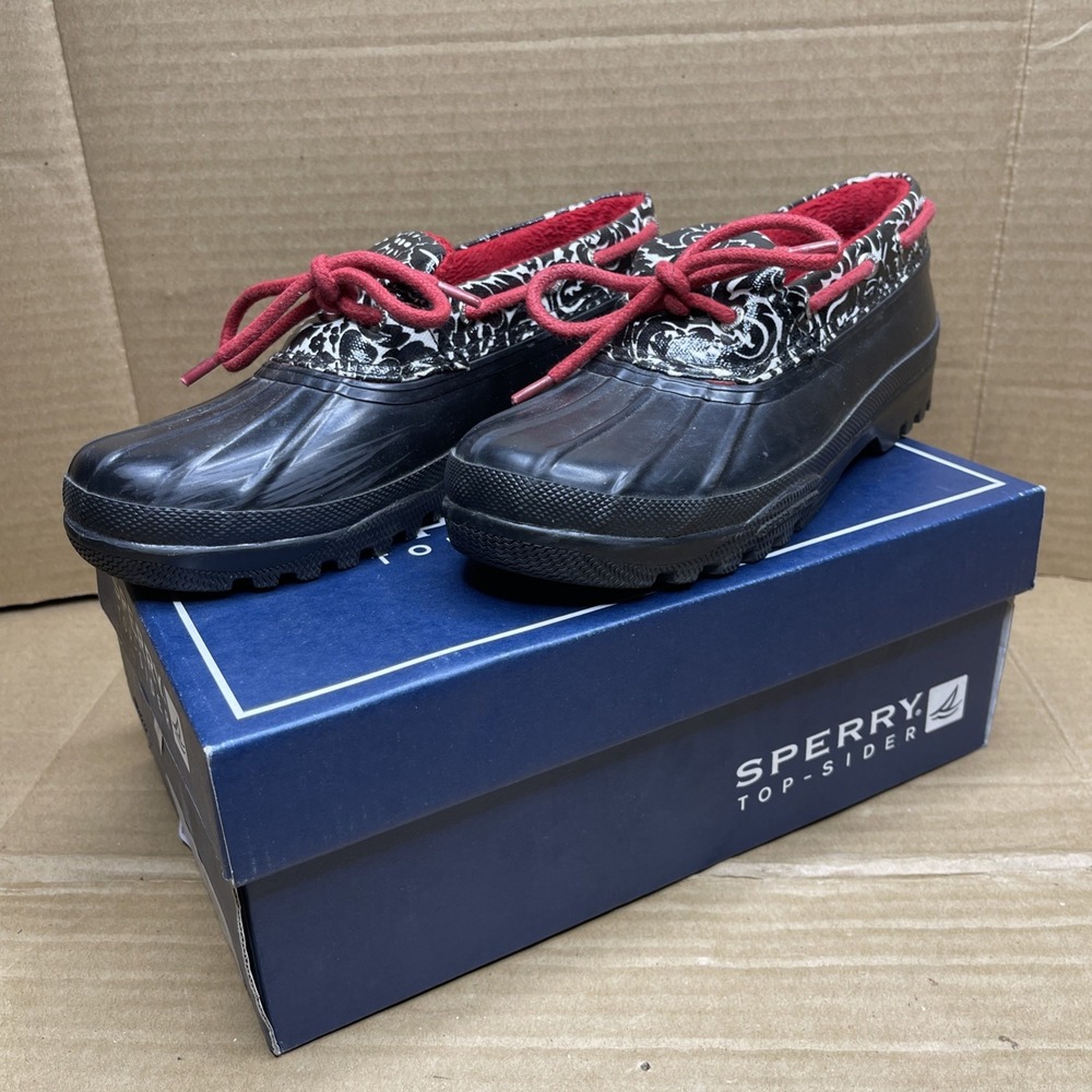 Sperry Top-Sider Duckling Women 7 Black White Floral Duck Shoes Red Lace 9775834